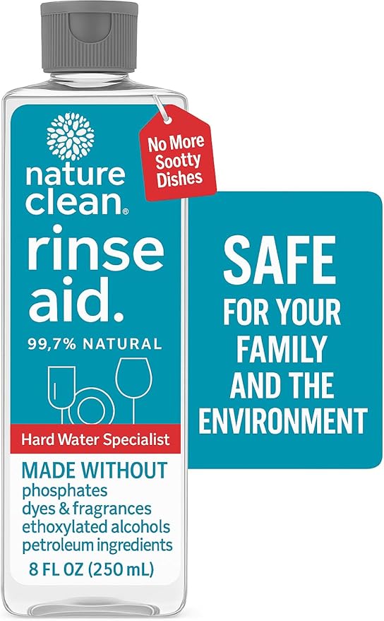 All Natural Dishwasher Rinse Aid Cleaner, Liquid Dishwasher Rinse Agent for Spot-Free Glass & Cutlery in Hard Water, Non Toxic Dish Washer Rinse Aid & Stain Remover, 8 oz/250ml, Pack of 12