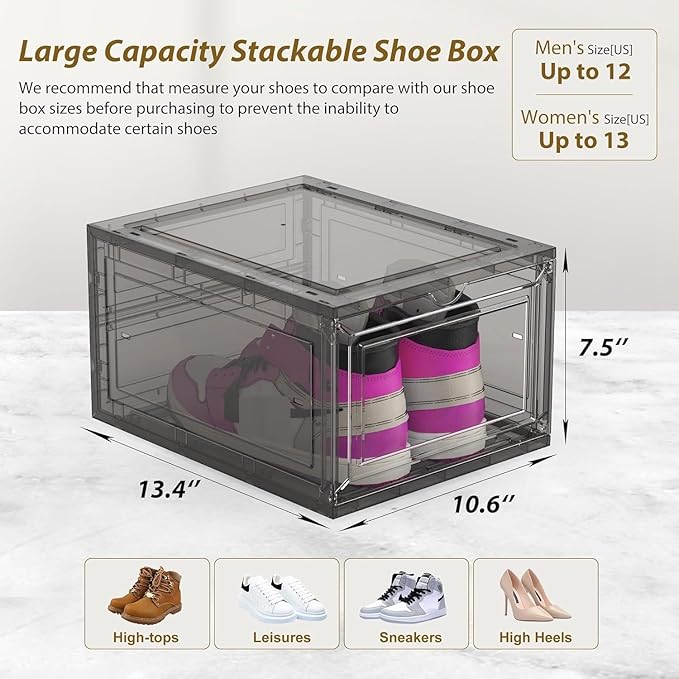 Mitees 10 Pack XX Large Thicken Sturdy Hard Plastic Clear Stackable Shoe Storage Boxes for Size 12, Sneaker Shoe Rack Containers Holders Bins Display Case Organizer for Closet, Grey02