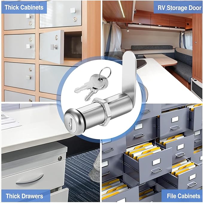 Cabinet Lock with Keys, 2" Extra-Long Cam Locks keyed Alike, 2 Pack Cabinet Cam Lock Set for Thick Drawers RV Storage Locks Tool Box Lock Replacement, Zinc Alloy (2 Pack, 2-1/8 Inch)
