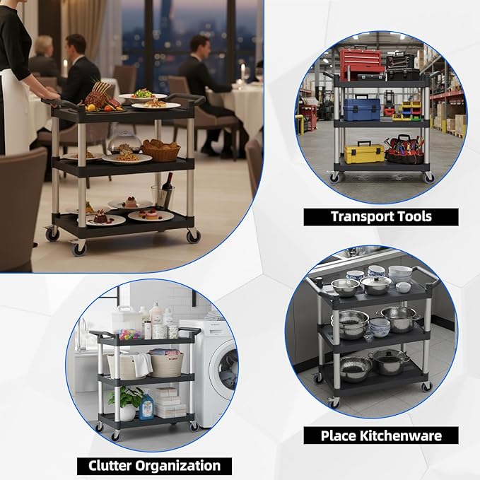 Plastic Utility Carts with Wheels, 3-Tier Rolling Service Cart, 300 lbs Heavy Duty Capacity with 4 inch Silent Casters(2 Lockable), for Home, Office, Restaurant, Warehouse.31.5"× 16" × 38"