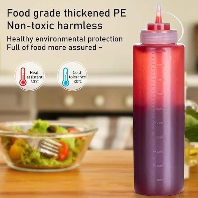 Squeeze Bottles for Sauces 2 Pack, 32 Ounce 1000ml Plastic Dressing Squirt Bottles with Cap Lids, Condiment Bottle for Liquids BBQ Dressing Pancake Art Dispenser