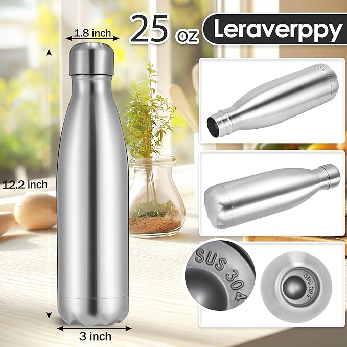 25oz Cola-Bottle Shaped Stainless Steel Leak-proof Water Bottle,Double Wall Vacuum Insulated Metal,Travel Mug For Sports Indoors & Outdoors,BPA-Free School Kid FlaskS,Silver(4 Pack)