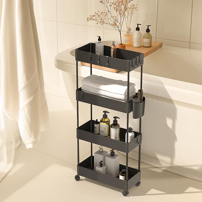 Pipishell Slim Storage Cart with Wheels - Bathroom Cart Organizer Storage, 4Tier Rolling Carts for Bathroom, Laundry Room, Kitchen, Narrow Space, Black PIUC05