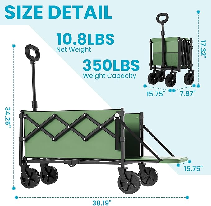 Collapsible Folding Wagon with Tailgate, Wagons Carts Foldable with 350lbs Capacity, Lightweight Portable Utility Wagon Cart for Shopping Camping Sports Garden (Green)