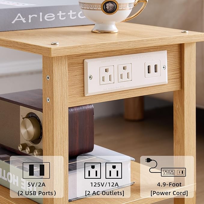 Lerliuo Under Desk Printer Stand with Charging Station, 2 Tier Wooden Small Printer Table with Storage, Rolling Printer Cart Shelf with Lockable Wheels for Home, Office (Natural)