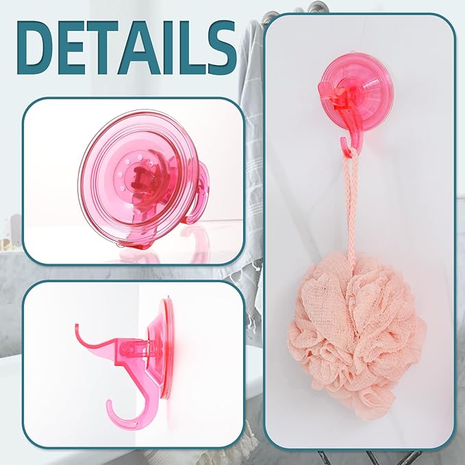 Antimbee 3 Pack Suction Cup Hooks, Clear Suction Cup Hanger, Removable Small Suction Cups for Shower, Bathroom, Glass, Door, Windows, Kitchen-Up to 11 lbs on Smooth Surface (Transparent Pink)