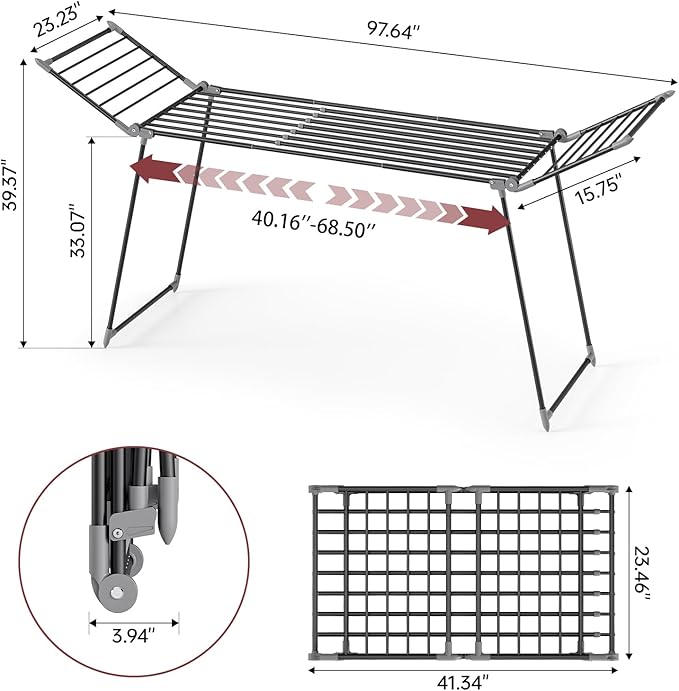 APEXCHASER Clothes Drying Rack Foldable, Large Drying Rack for Clothing Retractable, Winged Laundry Rack Folding Indoor Outdoor, Metal Clothes Airer for Bedding Towel Sweater Heavy Duty, Black