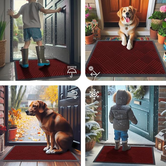 Smiry Front Door Mat Outside Entrance, Heavy Duty Outdoor Indoor Mat, Natural Rubber Doormat, Non Slip, Trap Dirt and Moisture, Easy Clean, Low Profile Patio Porch Entryway Mat, 29.5x17, Red