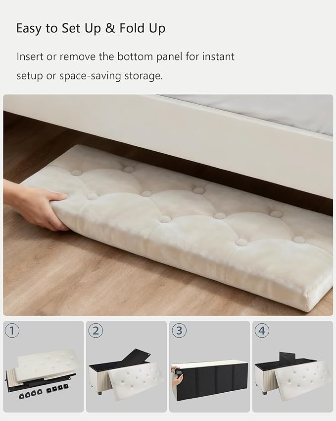 Storage Ottoman Bench, 43 Inch Foldable Ottoman with Legs, Velvet Foot Rest Stool, End of Bed Bench, Storage Chest for Living Room, Bedroom (Beige)