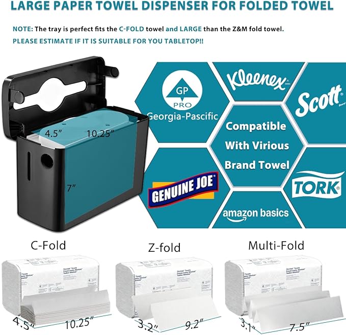 Multifold Paper Towel Dispenser Countertop, Heavy Duty Wide-Design, 300-Sheet Large Capacity Black Paper Towel Holder, Compatible with Tork, AmazonCommercial, Kleenex, Scott, Pacific Multifold Towels