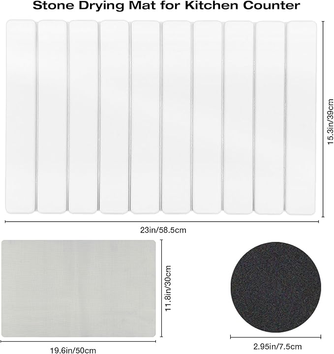 Diatomaceous Earth Stone Dish Drying Mat for Kitchen Counter – 24”x16”, Non-Slip Quick-Dry Surface, Sleek Foldable Design & Collapsible Storage, White