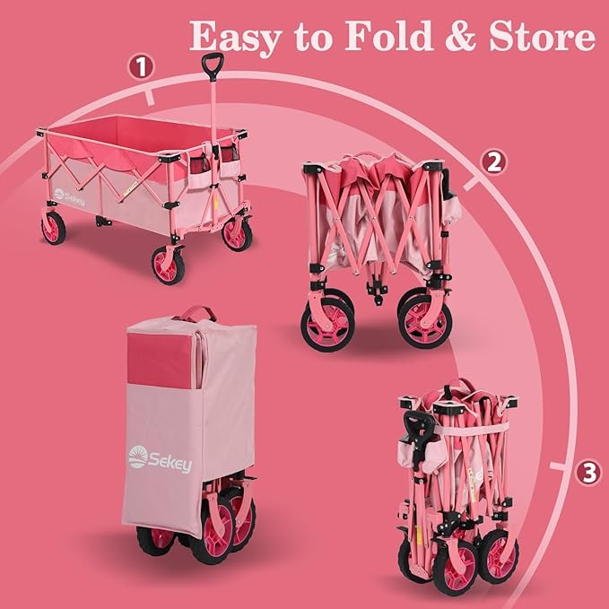 Sekey 220L Collapsible Foldable Wagon with 330lbs Weight Capacity, Heavy Duty Folding Wagon Cart with Big All-Terrain Wheels & Drink Holders (Pink)