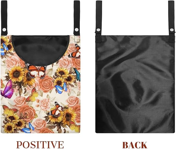 Butterfly Clothespin Bag with Hanging Sunflowers Rose Hook Waterproof Clothes Pin Hanging Bag Space-Saving Clothespin Storage Organize Clothespin Bag for Clothesline Outdoor