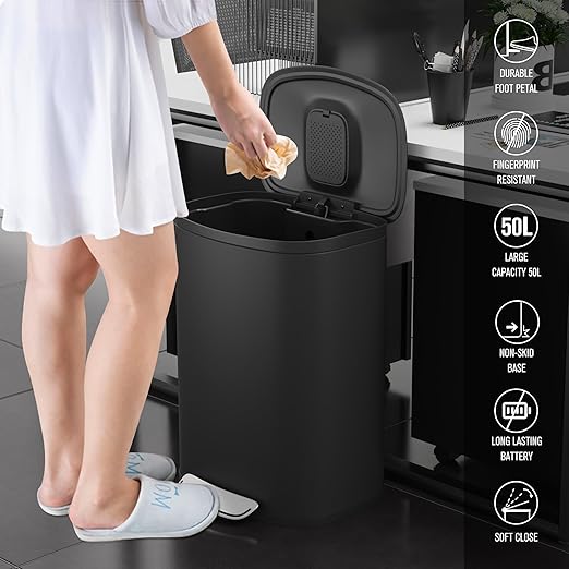 13 Gallon Stainless Steel Foot Pedal Large Trash Can with Soft Close Quiet Curved Surface Top Lid and Deodorant Storage Space, with 30 Garbage Bags for Kitchen/Home/Office Trash can and More - Black
