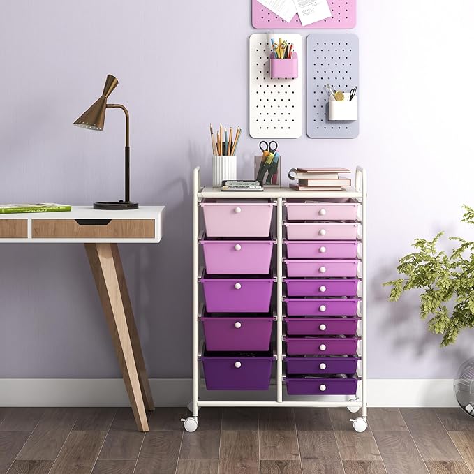 GOFLAME 15-Drawer Rolling Storage Cart, Multipurpose Movable Organizer Cart, Utility Cart for Home, Office, School, Purple Gradient