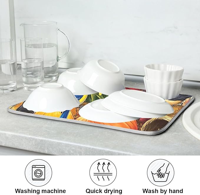 Fall Birds Dish Drying Mat for Kitchen Countertop 16x18 Autumn Pumpkin Sunflower Small Drying Mat Reusable Quick Dry Dish Sink Mats Easy Clean Decorative Essentials