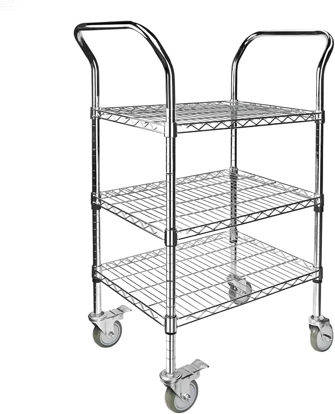 Northsky 3-Shelf Wire Utility Cart on Wheels, Chrome Finish Rolling Metal Shelving with Wheels, 550lb Capacity, 24" x 18" x 44.1", 3 Tier Rolling Cart for Kitchen Bar Storage Use
