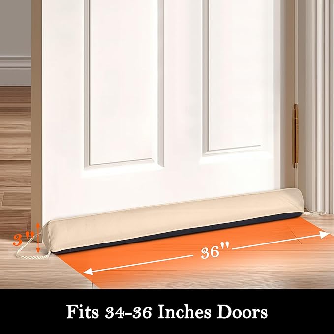 Sunolga 36" Door Draft Stopper Blocks Hot and Cold Air with Removable Washable Cover for Gaps Up to 3", All-Season Seal for Noise, Door Sweep for Bottom of Door and Window, Home Essentials, Beige