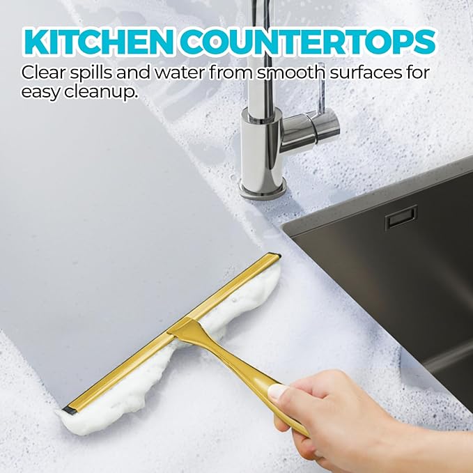 2PACK 12-Inch Golden All-Purpose Shower Squeegee for Shower Doors, Bath Linen Sets, Tile Shower Walls, Bathroom, Window, Glass and Car Windshield, Mirrors and Kitchen-Stainless Steel
