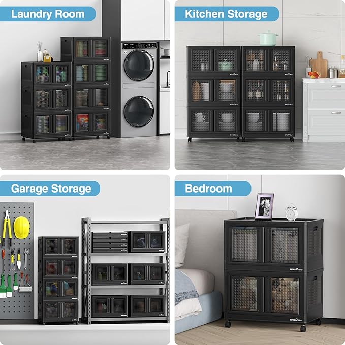 BROVIEW 500 Qt Stackable Storage Bins with Lids & Doors, 5 Pack Plastic Closet Organizer and Storage Drawers with Wheels, Large Collapsible Storage Boxes, Cabinet for Home, Office, V10, Black