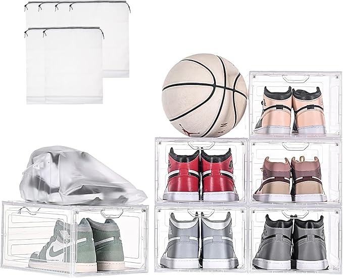 9 Pack Thicken Shoe Organizer Stackable,Upgraded Sturdy Shoe Storage Box with Magnetic Door,Shoe Containers For Sneaker Display,Hat Organizer,White
