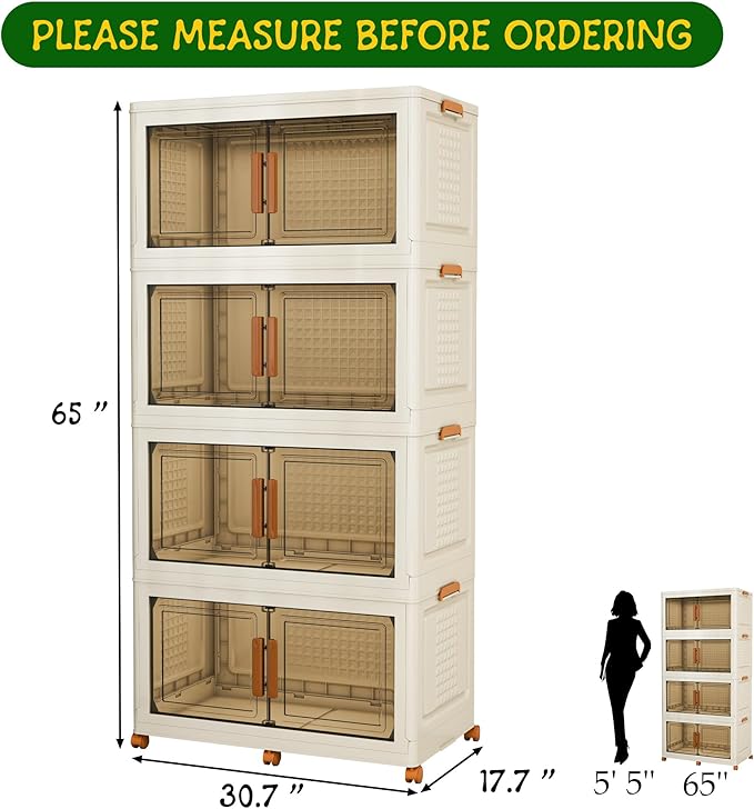 4 Tier Extra Large Stackable Storage Bins with 1 Lid 155 QT/Tier, Collapsible Plastic Box Storage Bin with Wheels, Home Containers Boxes Closet Organizers for Living Room, Office, Dorm