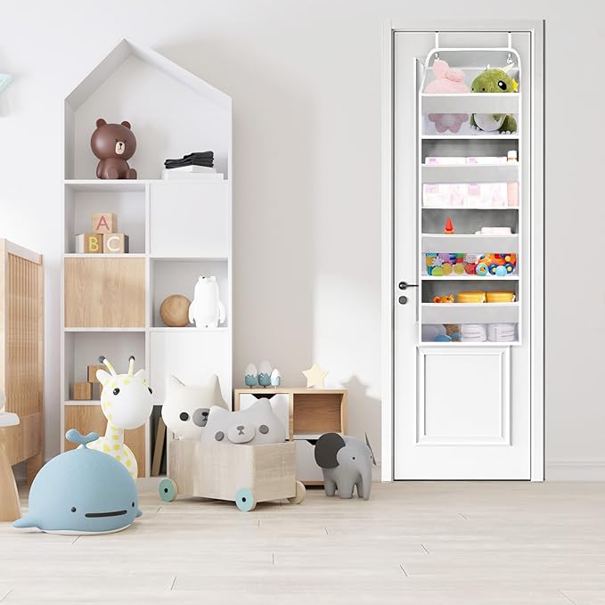 QINGUANG Over The Door Organizer,Hanging Organization And Storage, Behind Door Organizer with Side Pockets, 35 lbs Capacity,Anti Tilt, for Nursery, Bathroom, Bedroom,Dorm (4-Shelf)
