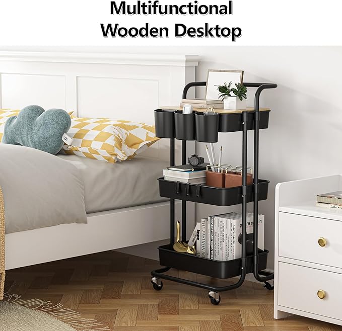 3 Tier Rolling Cart with Metal Handle, Table Top, Hanging Cups, Hooks, Plastic Storage Baskets& Wheels Lockable, Utility Cart for Bathroom Classroom Office Kitchen Pantry Organizers and Storage, Black