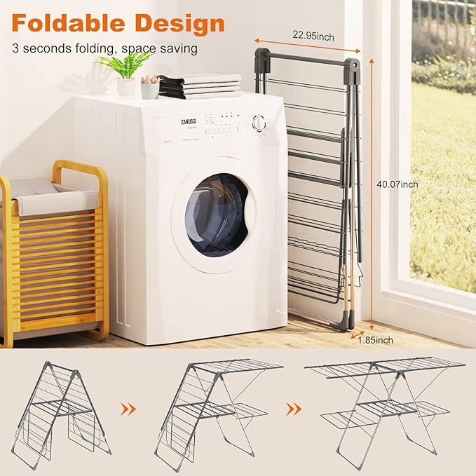 Bigzzia Clothes Drying Rack Foldable, 2-Level Large Laundry Drying Rack Collapsible, Stainless Steel Drying Rack Clothing for Indoor Outdoor, Easy to Fold, 33 Drying Rails, 142cm, Gray