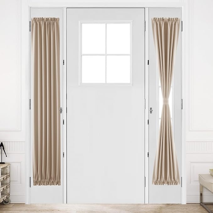 DWCN French Door Curtains – Rod Pocket Thermal Blackout Curtain for Doors with Glass Window, Kitchen and Patio Doors for Privacy, 12 X 72 Inches Long, 1 Curtain Panel with Tieback, Beige
