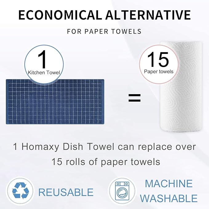 Homaxy 100% Cotton Terry Kitchen Towels(Navy Blue, 13 x 28 inches), Checkered Designed, Soft and Super Absorbent Dish Towels, 8 Pack