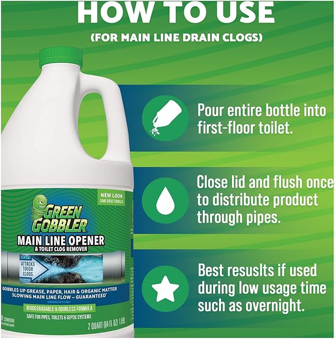 Green Gobbler Ultimate Main Drain Opener | Drain cleaner Hair Clog Remover | Works On Main Lines, Sinks, Tubs, Toilets, Showers, Kitchen Sinks | 64 fl. oz.