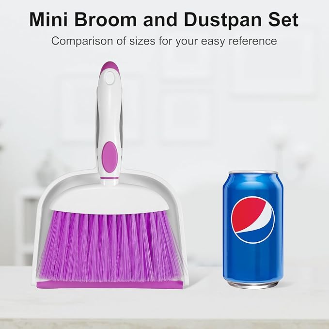 NACENA Small Dust Pan and Brush Set, Mini Broom and Dustpan Set Small Hand Broom and Brush Combo Dust Pan with Teeth for Home Cleaning Drawers Desktop Sofas Pet Care and Outdoor, Purple