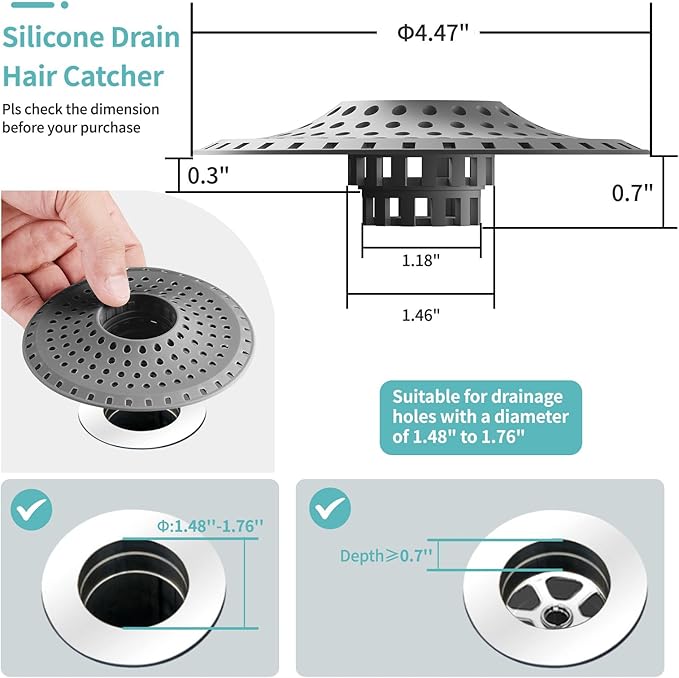 Bathtub Drain Hair Catcher,Silicone Tub Hair Catcher Drain Protector,All-in-one Shower Hair Drain Catcher Strainer for 1.48'' to 1.76'' Regular Drains, 3PCS