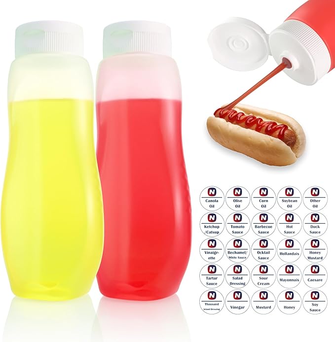 Condiment Squeeze Bottles for Ketchup Hot Sauce Liquids Oil with Caps for Condensed Milk and Mustard Salad Dispenser Clear Plastic Bottles Dressing Container LDPE