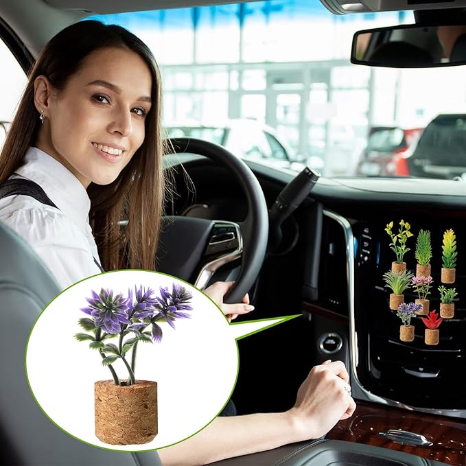 8 Pieces Artificial Plant Air Vent Clips Succulents with Essential Oil Mini Cute Sprayer Car Plant Vent Clip Air Freshener for Car Decorations Accessories(Classic Style)