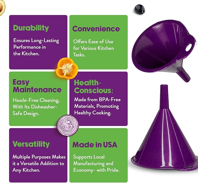 Crisp 2-Piece Funnel Set - All Purpose Funnels for Kitchen Use Filling Bottles - Durable & Dishwasher Safe Kitchen Funnel Set - Made in The USA - Purple