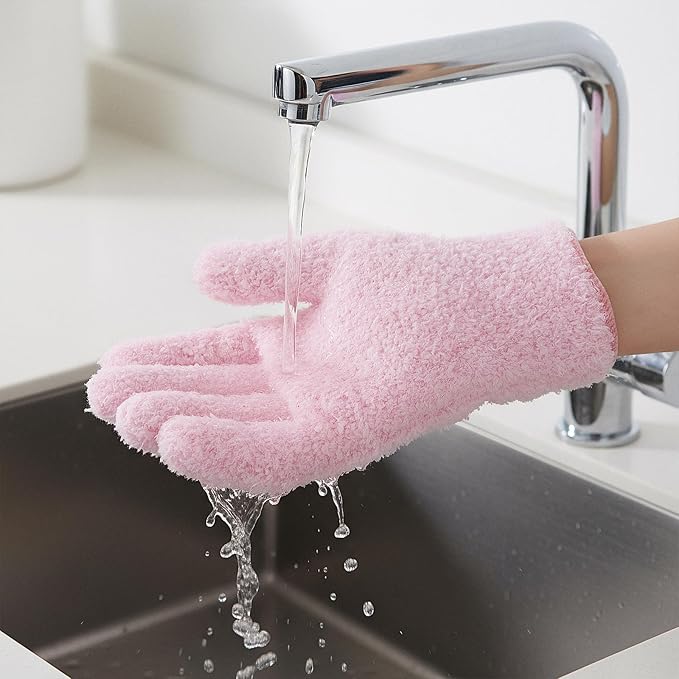 Grevosea 3 Pairs Microfiber Gloves Household Cleaning Glove Plant Dusting Glove Washable Reusable Mittens Gloves for Plants House Cars Blinds Dusting Furniture and Small Objects (3 Colors)