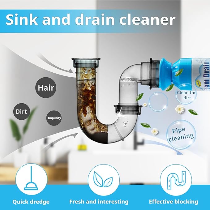 Drain Cleaner, Foaming Drain Cleaner and Deodorizer, Sink Cleaning Foam, Drains Clog Remover for Kitchen Bathroom Drains, Sinks, Tubs (2PCS)