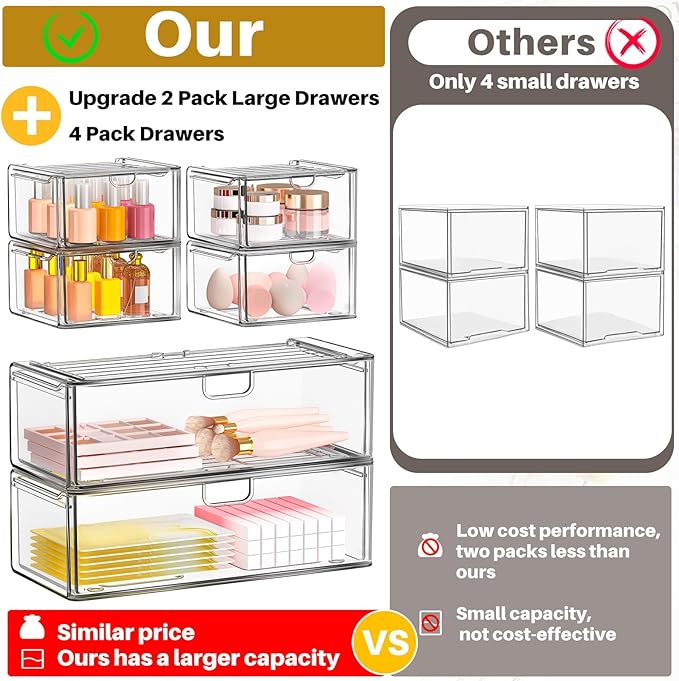 Acrylic Storage Drawers Set of 6, Clear Makeup Organizer, Plastic Organizer Bins for Beauty Supplies,Ideal for Vanity, Bathroom,Cabinet,Pantry Organization