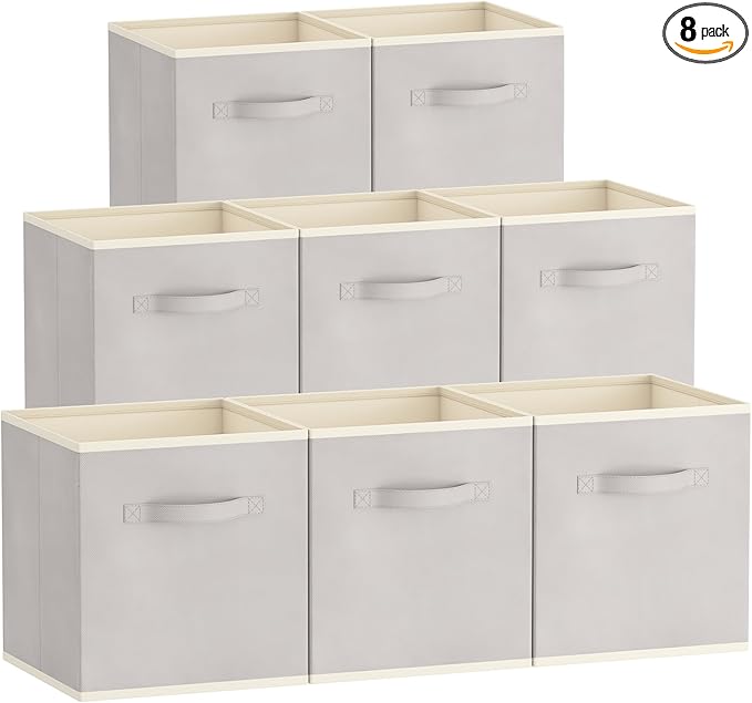 Lifewit 11 Inch Cube Storage Bins, 8 Packs Storage Cubes Foldable Decorative Fabric Storage Baskets for Organizing Home Organizers with Handles for Shelves, Closet, Light Gray