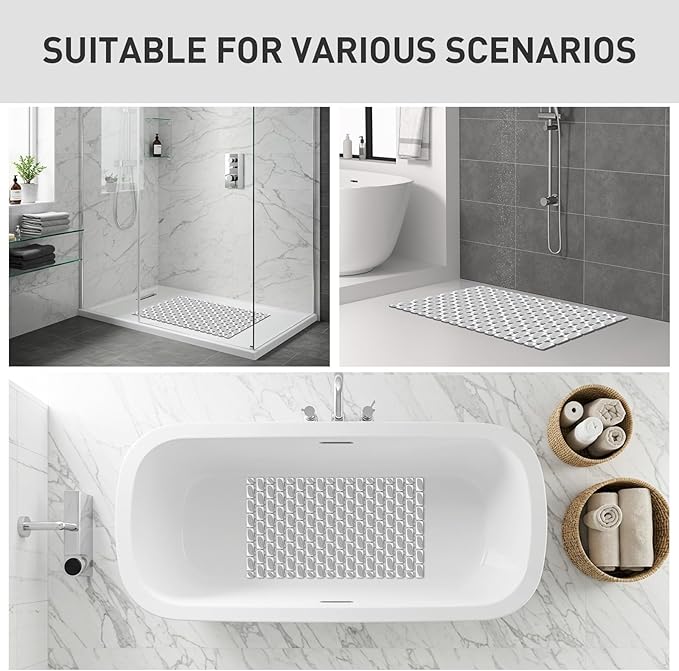 Shower Mat Non Slip Bathtub Mat - 27 x 16 Inch Eco-Friendly Soft Bath Mat for Tub Non Slip Shower Mats for Inside Shower with Suction Cups and Drain Holes, Easy to Clean Quick-Drying, Grey