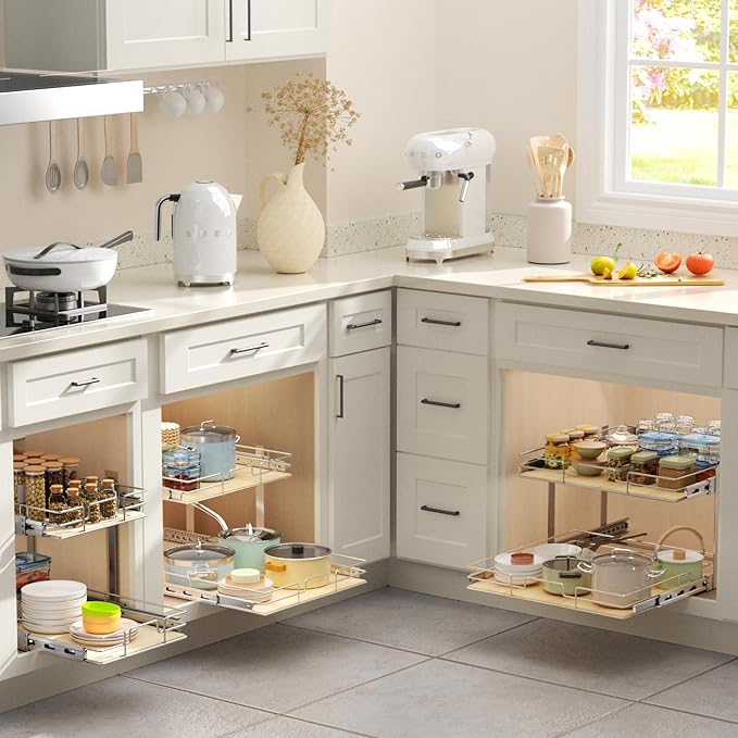 ROOMTEC 2 Tier Individual Pull Out Cabinet Organizer 16½"W x 21½"D, Slide Out Wood Shelves Organizers, Pull Out Drawers Organization and Storage for Kitchen Cabinet