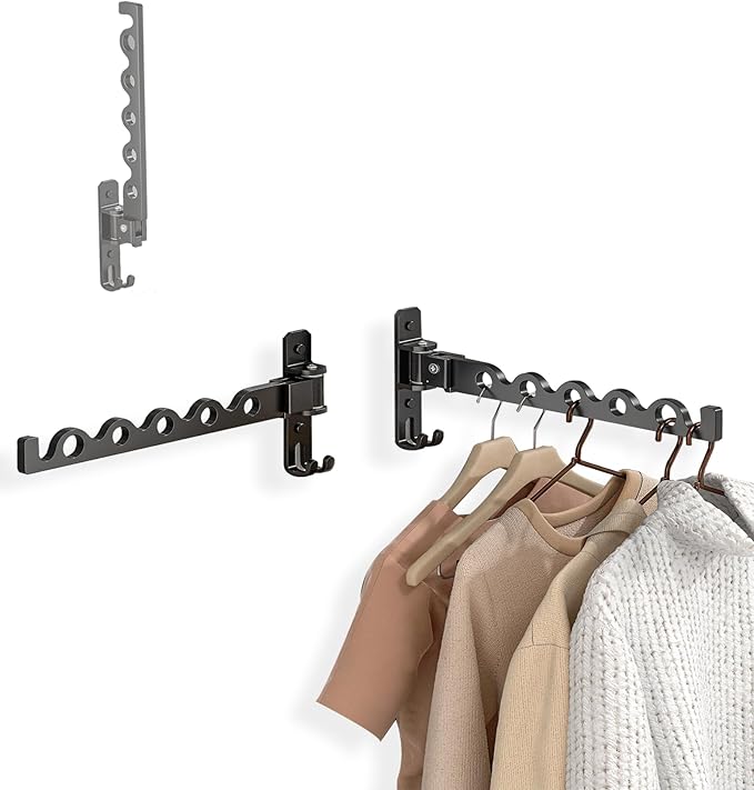 Dr.DJ Wall Hanger for Clothes, Coat Hanger Wall Mounted Matte Black Retractable Clothes Drying Organizer Rack Garment Hooks Aluminium Folding Indoor Wall Space Saver (2 Racks) Black