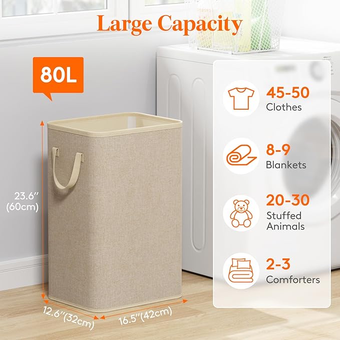 Lifewit 80L Large Tall Laundry Hamper, Collapsible Laundry Basket with Handles, Foldable Clothes Hampers for Laundry, Portable Dirty Clothes Hamper for Dorm College Bedroom Bathroom, Beige