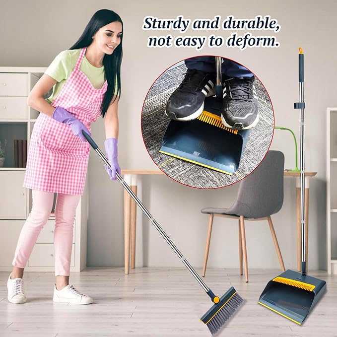 Long-Handled Broom and Dustpan Set, Windproof Broom Combination, 180-degree Rotating Brush Head with Upright Dustpan, Suitable for Indoor and Outdoor Cleaning. (Blue)
