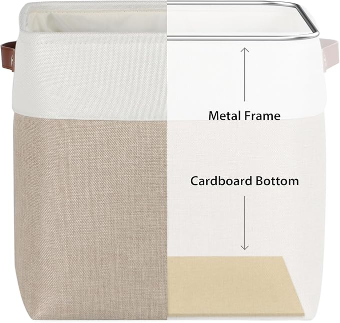 Univivi 4 PC 13 Inch Cube Storage Baskets with Hard Bottom for Shelves Foldable Storage Baskets for Closet Storage Clothes,Cube Storage Bin, Storage Basket with Handles for Organizing (Khaki)