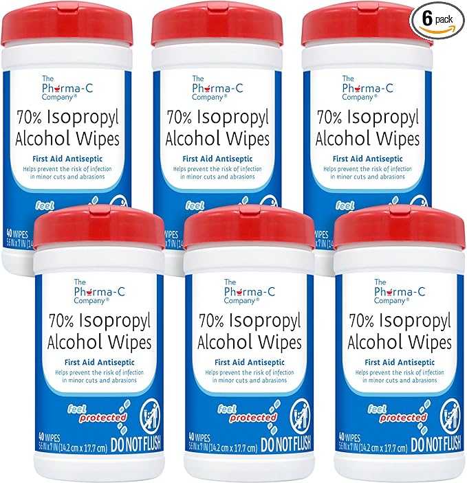 The Pharma-C Company -70% Isopropyl Alcohol Wipes [6 pack - 40ct Canisters] - Bulk IPA First Aid Antiseptic Wound Cleaner with Moisture Lock Lid. For minor cuts, scrapes, and burns.