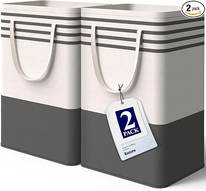Kitsure Laundry Hamper - 2-Pack Collapsible Laundry Baskets with Well-Stitched Handles, Free-Standing Clothes Hamper with Rigid Top Edge for Household, Dorm Use, 2 x 75L, Black