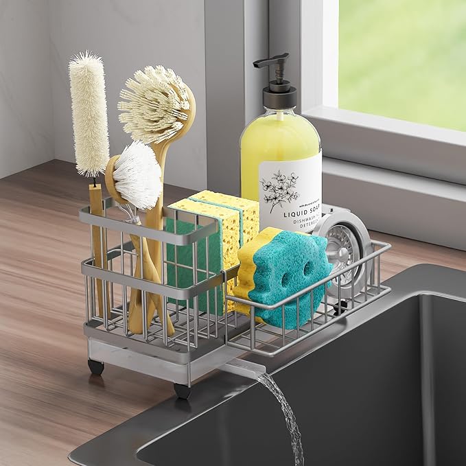 Consuemst Sponge Holder for Kitchen Sink - Auto Draining Sink Caddy Organizer with Detachable Rack, High Brush Holder, Kitchen Countertop Storage Accessories, Sand Nickel
